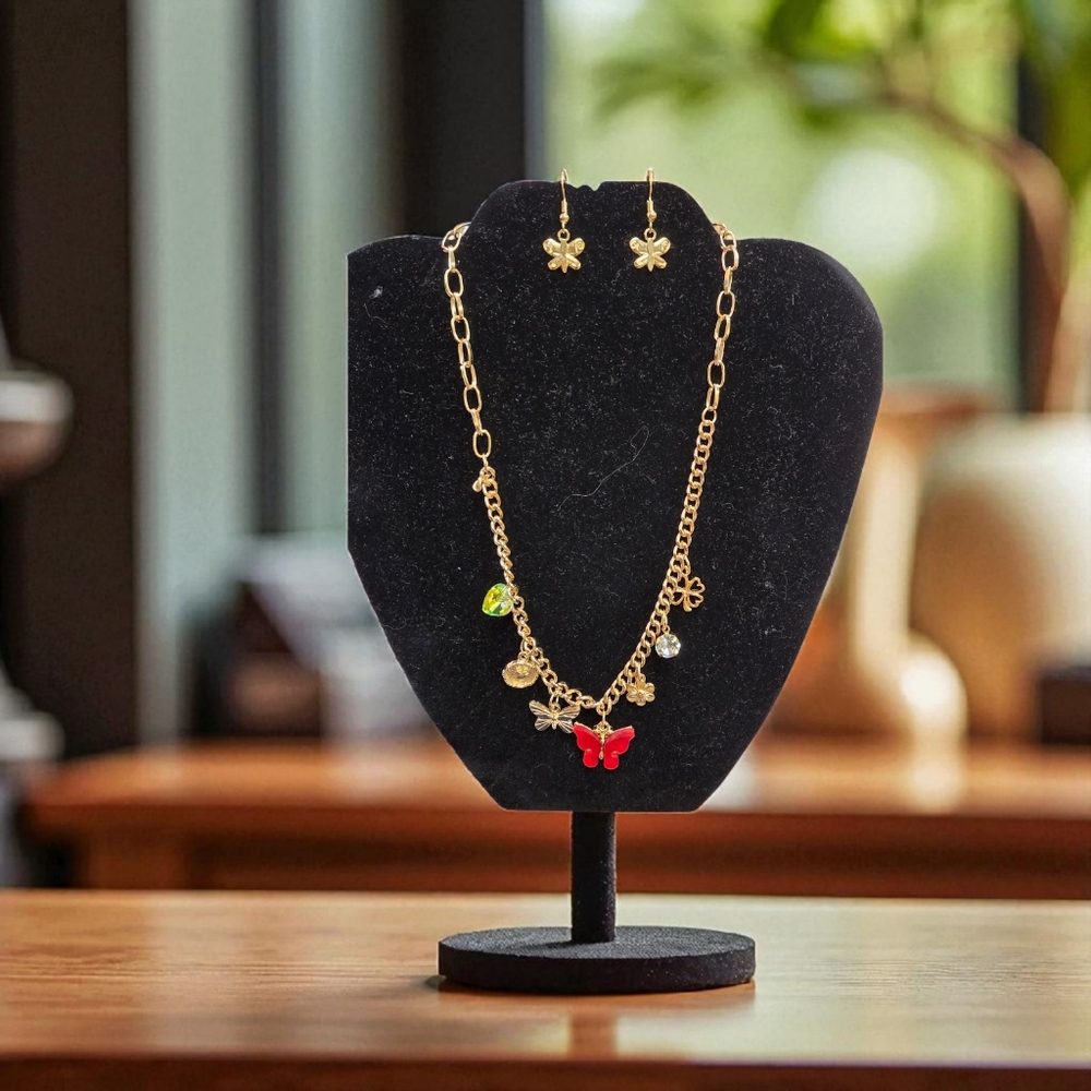 Gold Butterfly Charm Necklace Set w/ Earrings| Available In Several Colors - Picture 13 of 15